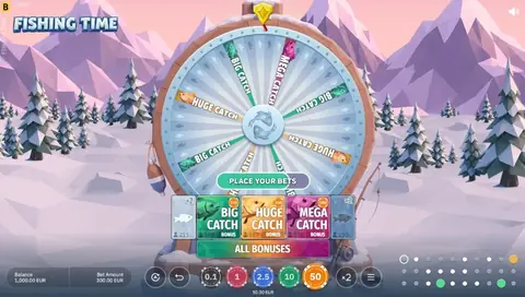 Fishing Time gameplay: wheel with Big Huge Mega Catch and chip bets